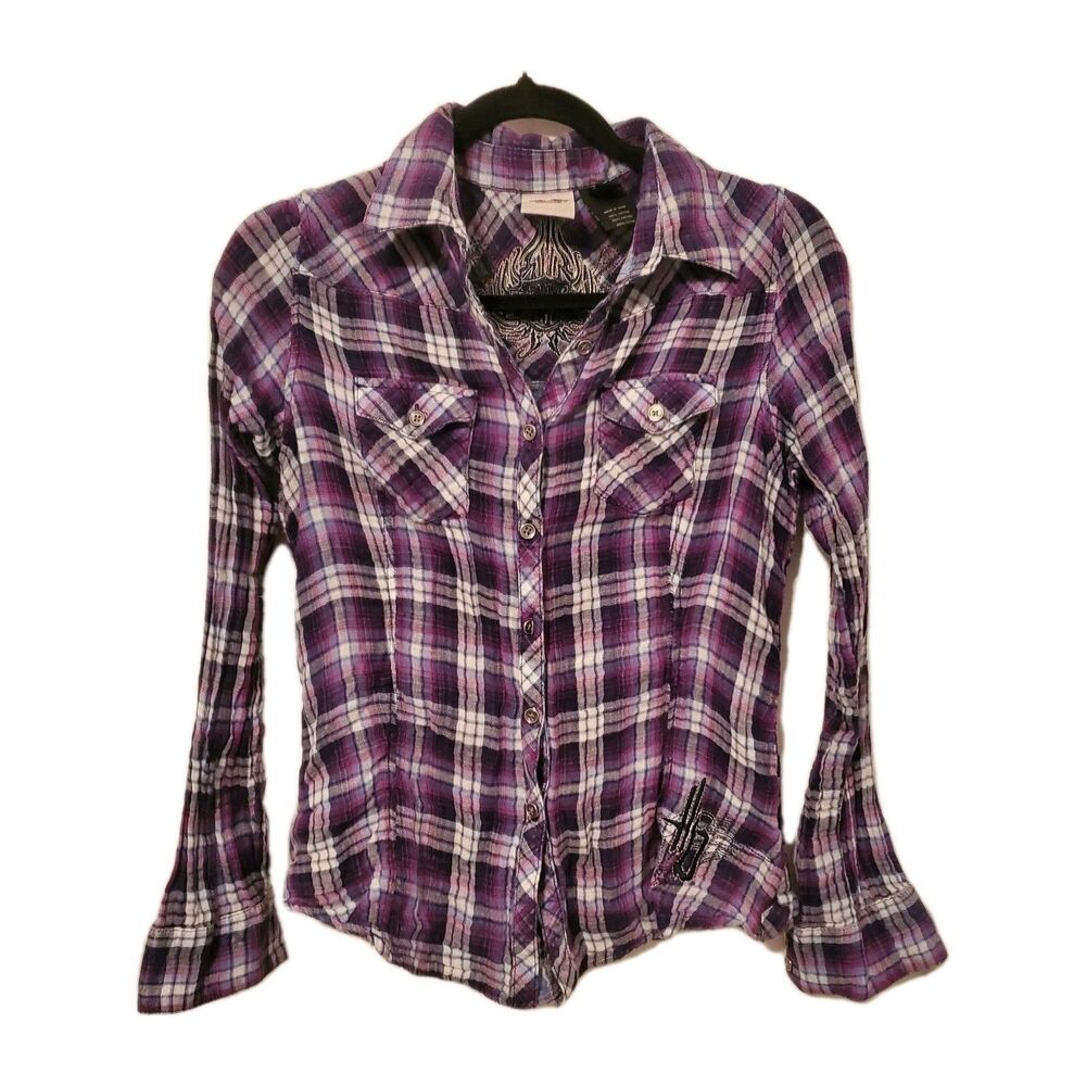 Y2K Harley-Davidson Purple Plaid Button Up Flannel Shirt Fitted Biker Western Sm